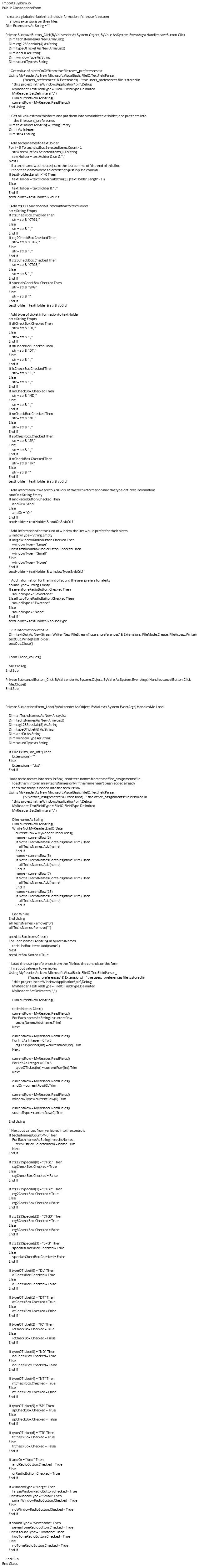 VB options window code